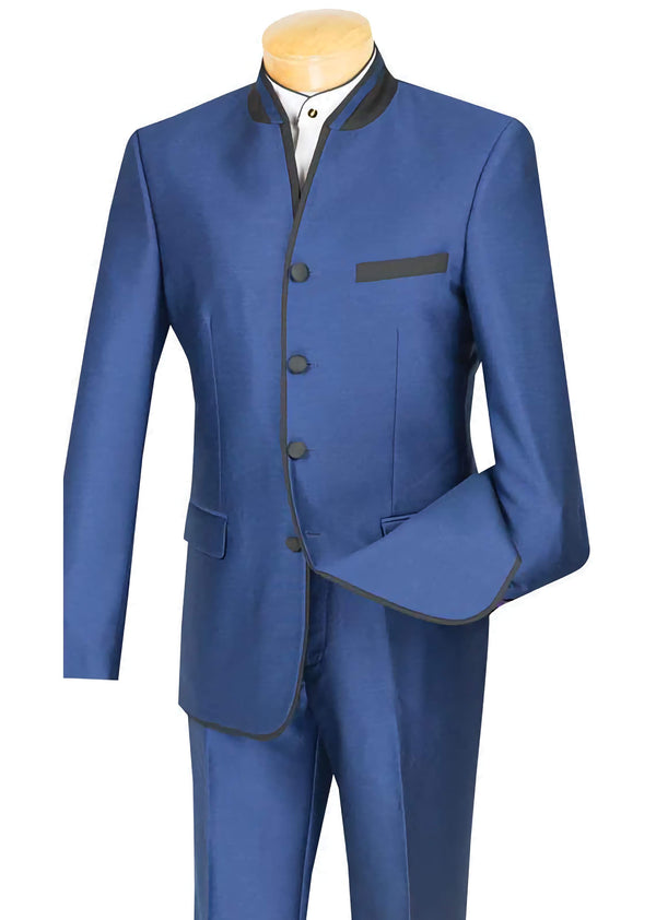 Banded Collar Slim Fit Suit Shiny Sharkskin 2 Piece Blue
