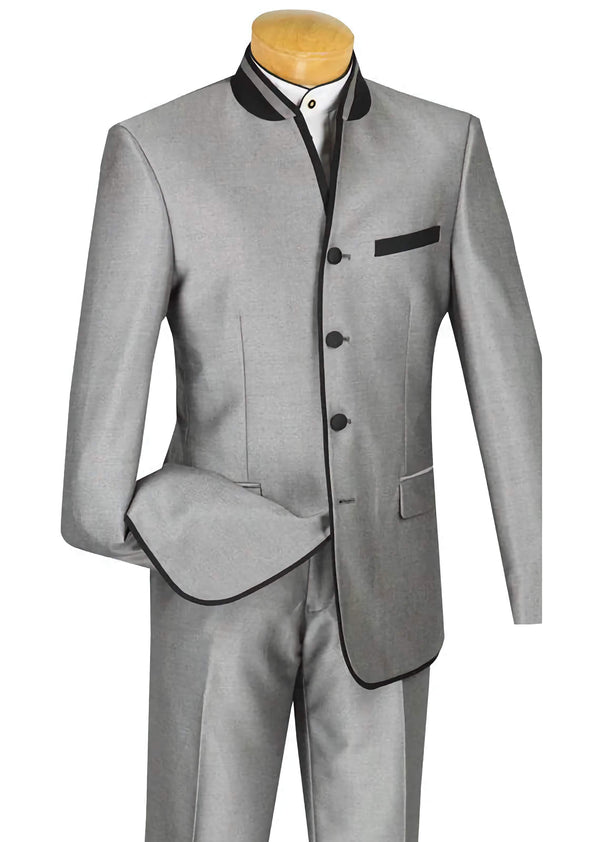 Banded Collar Slim Fit Suit Shiny Sharkskin 2 Piece Gray