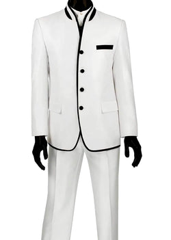 Banded Collar Slim Fit Suit Shiny Sharkskin 2 Piece White