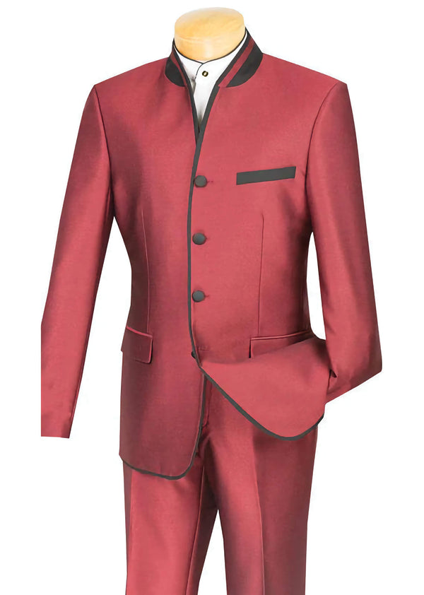Banded Collar Slim Fit Suit Shiny Sharkskin 2 Piece Wine