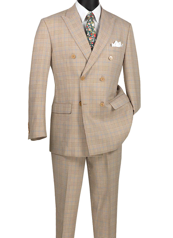 Beige Double Breasted 2 Piece Suit Regular Fit Tone on Tone Windowpane