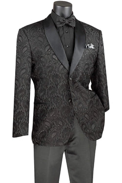 Black Modern Fit Paisley Pattern Jacquard Fabric Jacket with Bow Tie