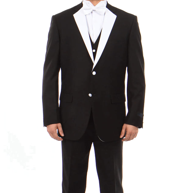 Black Modern Fit Tuxedo 3 Piece with White Lapel 6 Button Vest - Suits99