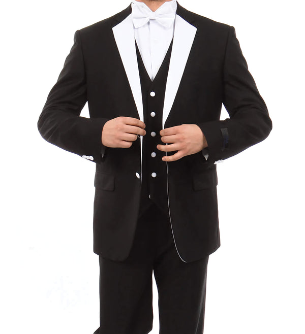 Black Modern Fit Tuxedo 3 Piece with White Lapel 6 Button Vest
