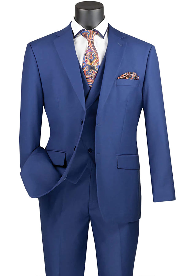 Blue Modern Fit 3 Piece Suit with Vest and Adjustable Waist Band Pants