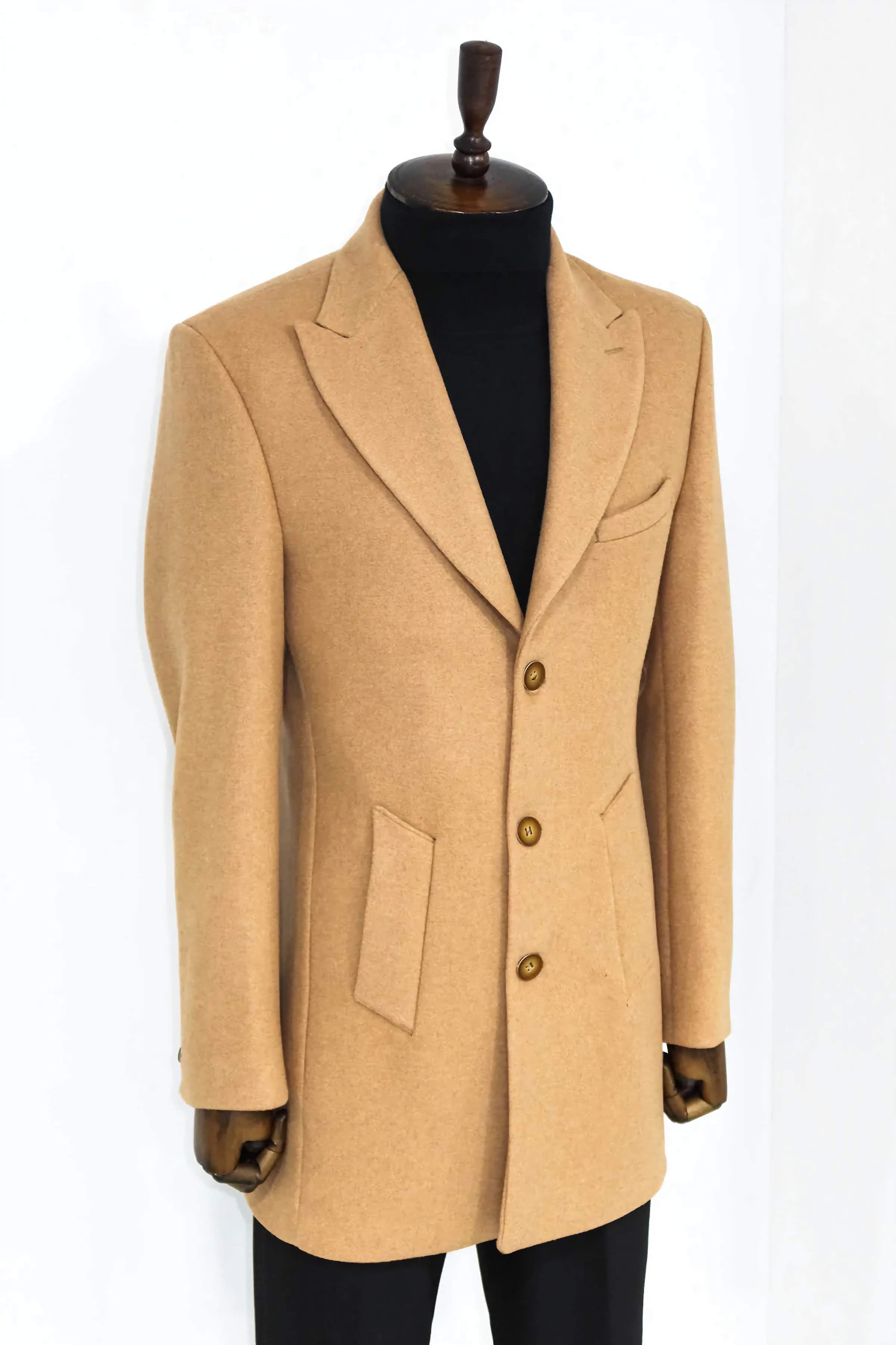 CAMEL WIDE LAPEL WOOL PEACOAT SLIM FIT