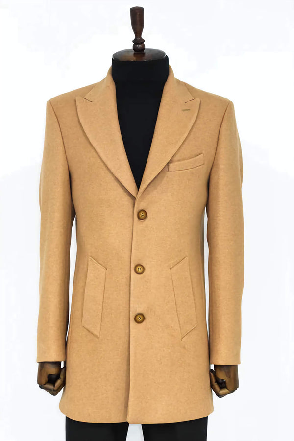 CAMEL WIDE LAPEL WOOL PEACOAT SLIM FIT