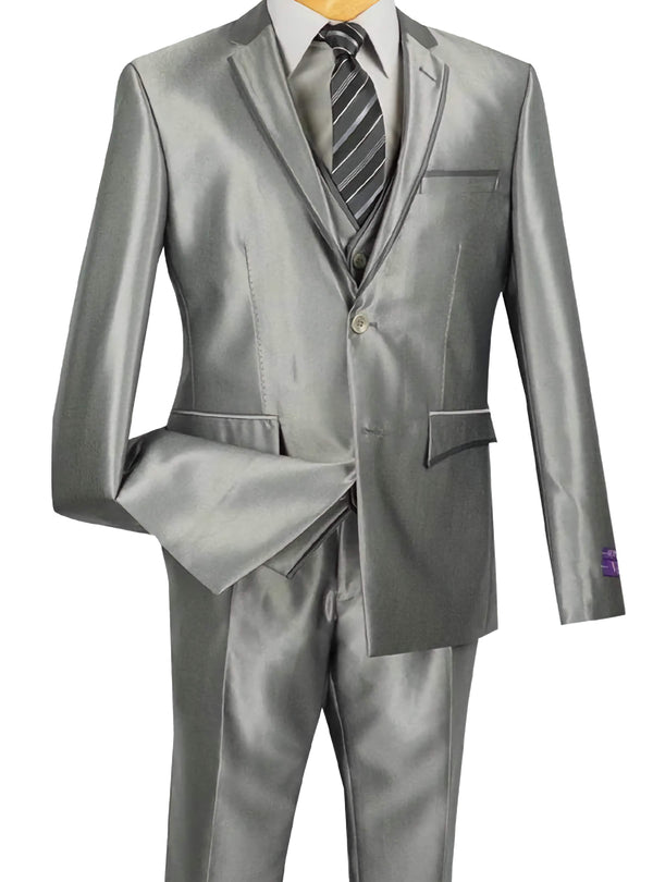 Designed Shiny Sharkskin Suit Ultra Slim Fit 3 Piece in Gray - Suits99