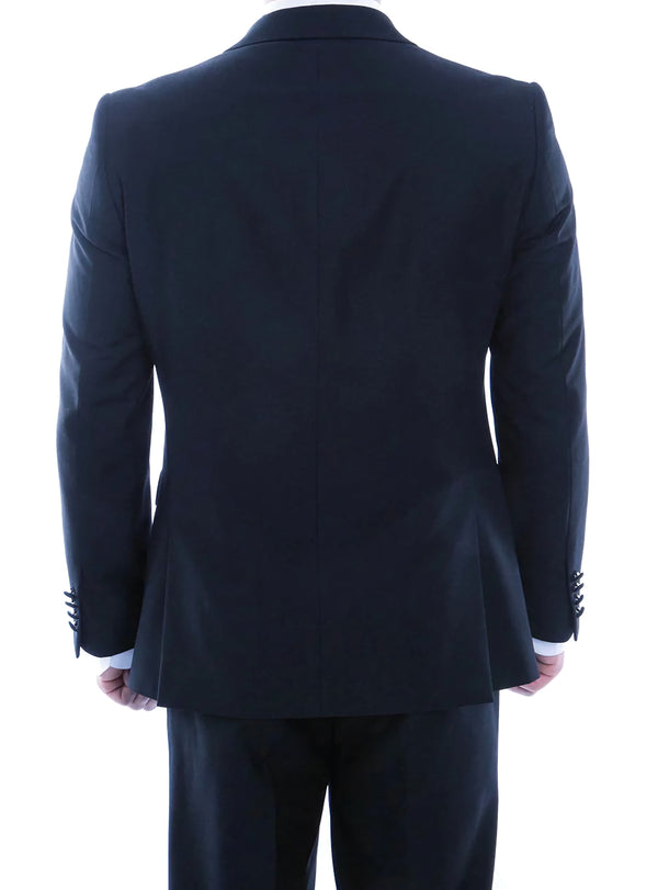 Double Breasted Slim Fit Tuxedo Navy with Black Satin Peak Lapel - Suits99
