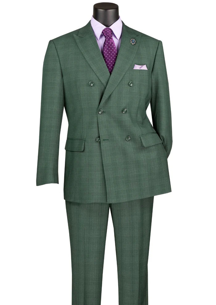 Forest Green Double Breasted 2 Piece Suit Regular Fit Glen Plaid