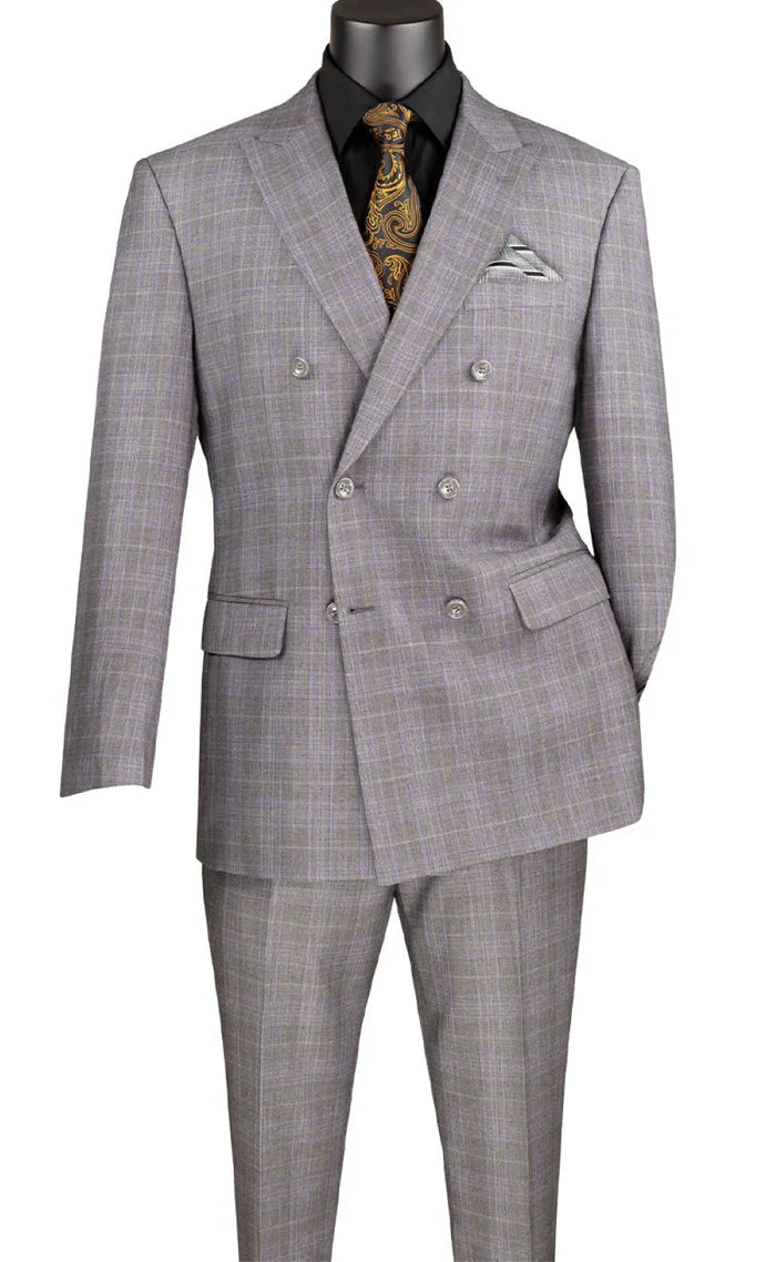 Gray Double Breasted 2 Piece Suit Regular Fit Glen Plaid