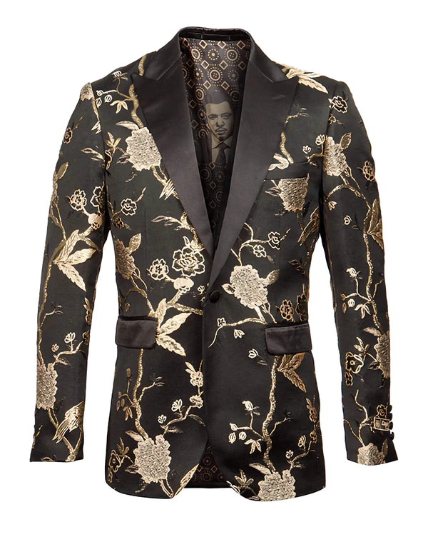 Gold and Black Slim Fit Floral Pattern Sports Coat