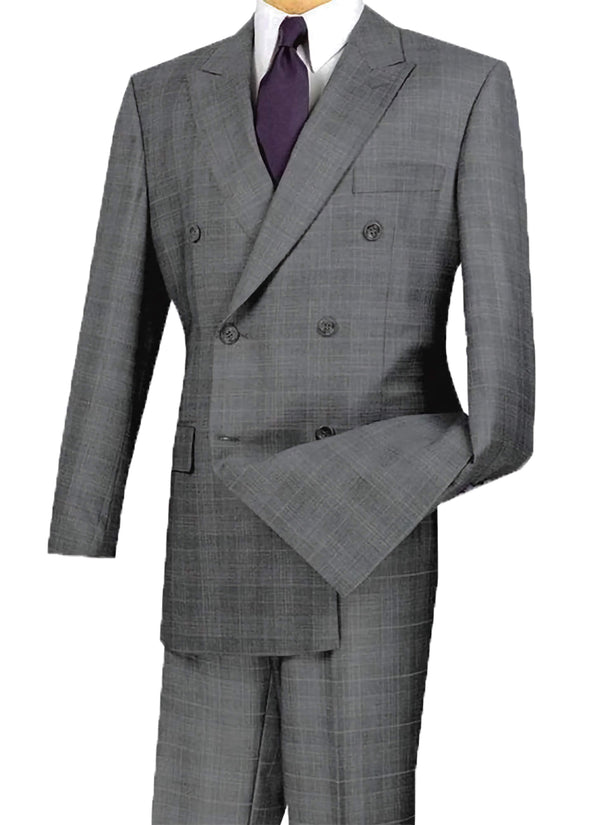 Gray Double Breasted 2 Piece Suit Regular Fit Glen Plaid