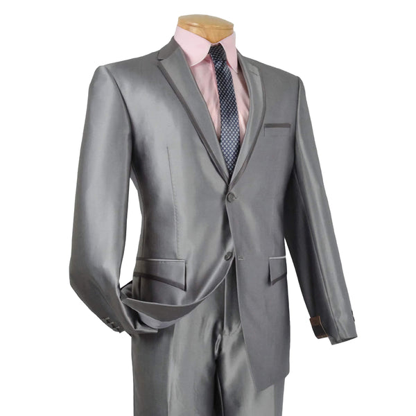 Gray Slim Fit Men's Shiny Sharkskin Suit 2 Piece 2 Buttons Shark Skin