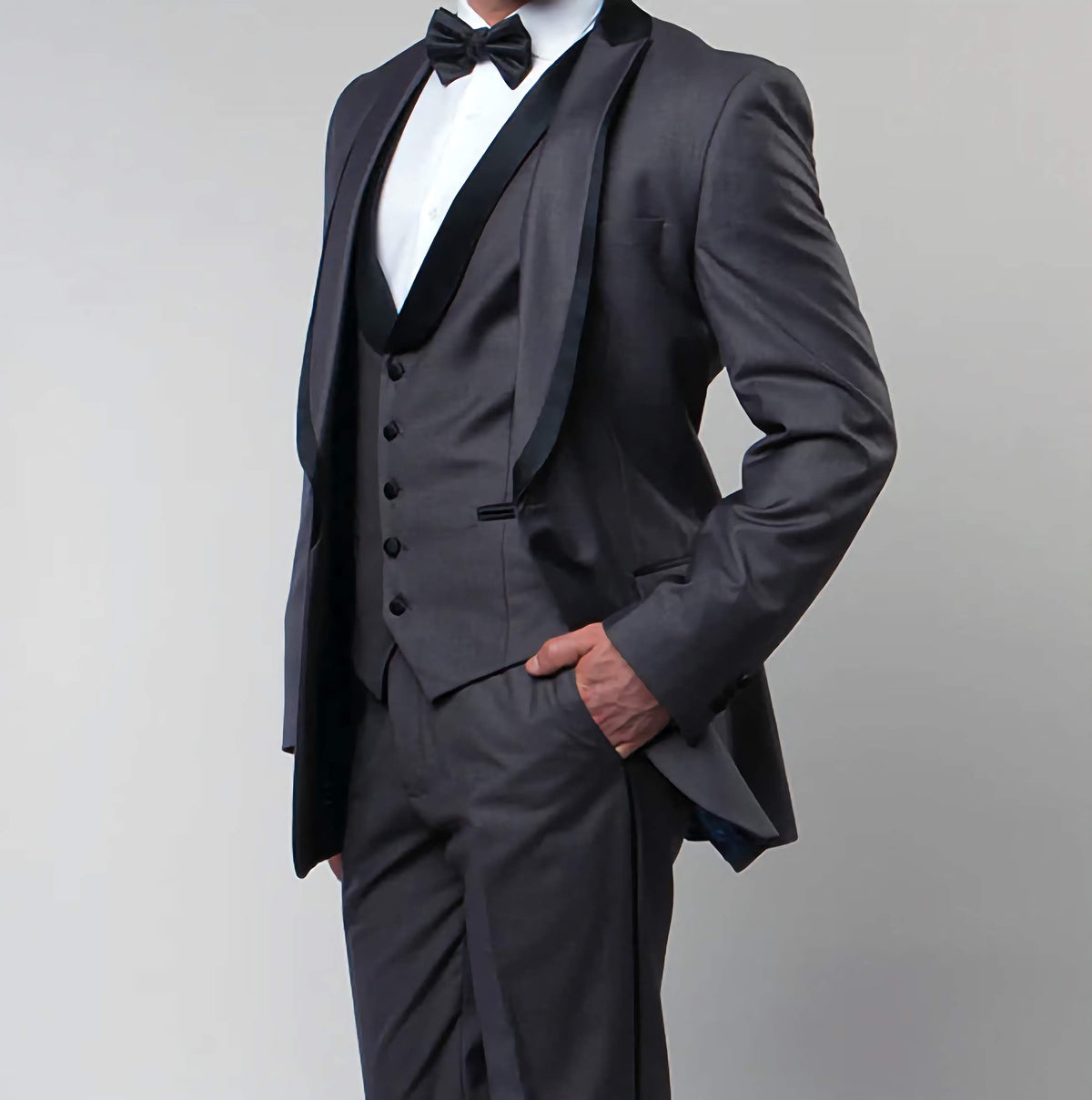 Gray Slim Fit Tuxedo 3 Piece with Satin Shawl Collar Vest