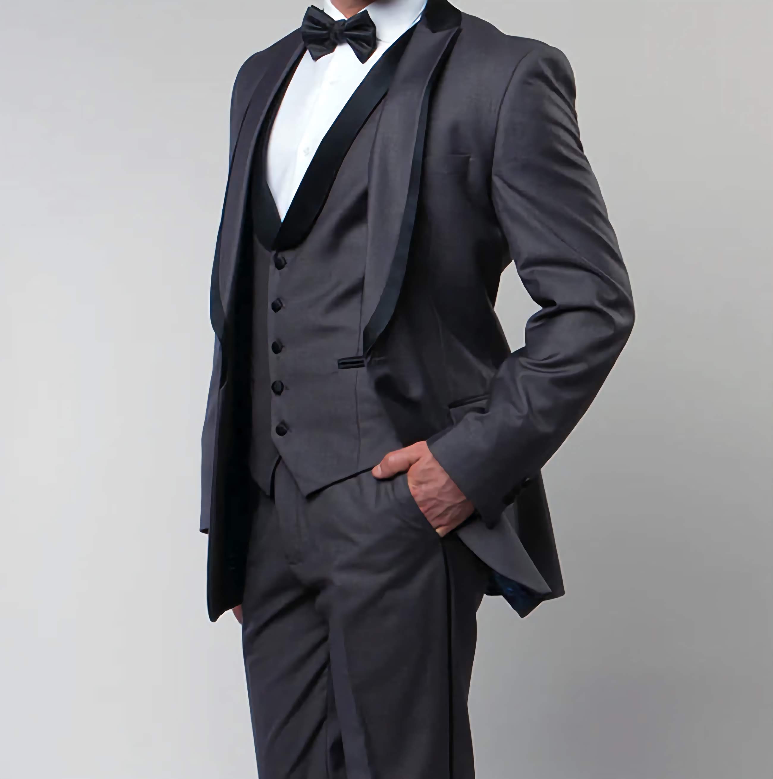Gray Slim Fit Tuxedo 3 Piece with Satin Shawl Collar Vest