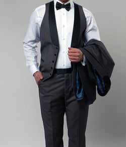 Gray Slim Fit Tuxedo 3 Piece with Satin Shawl Collar Vest