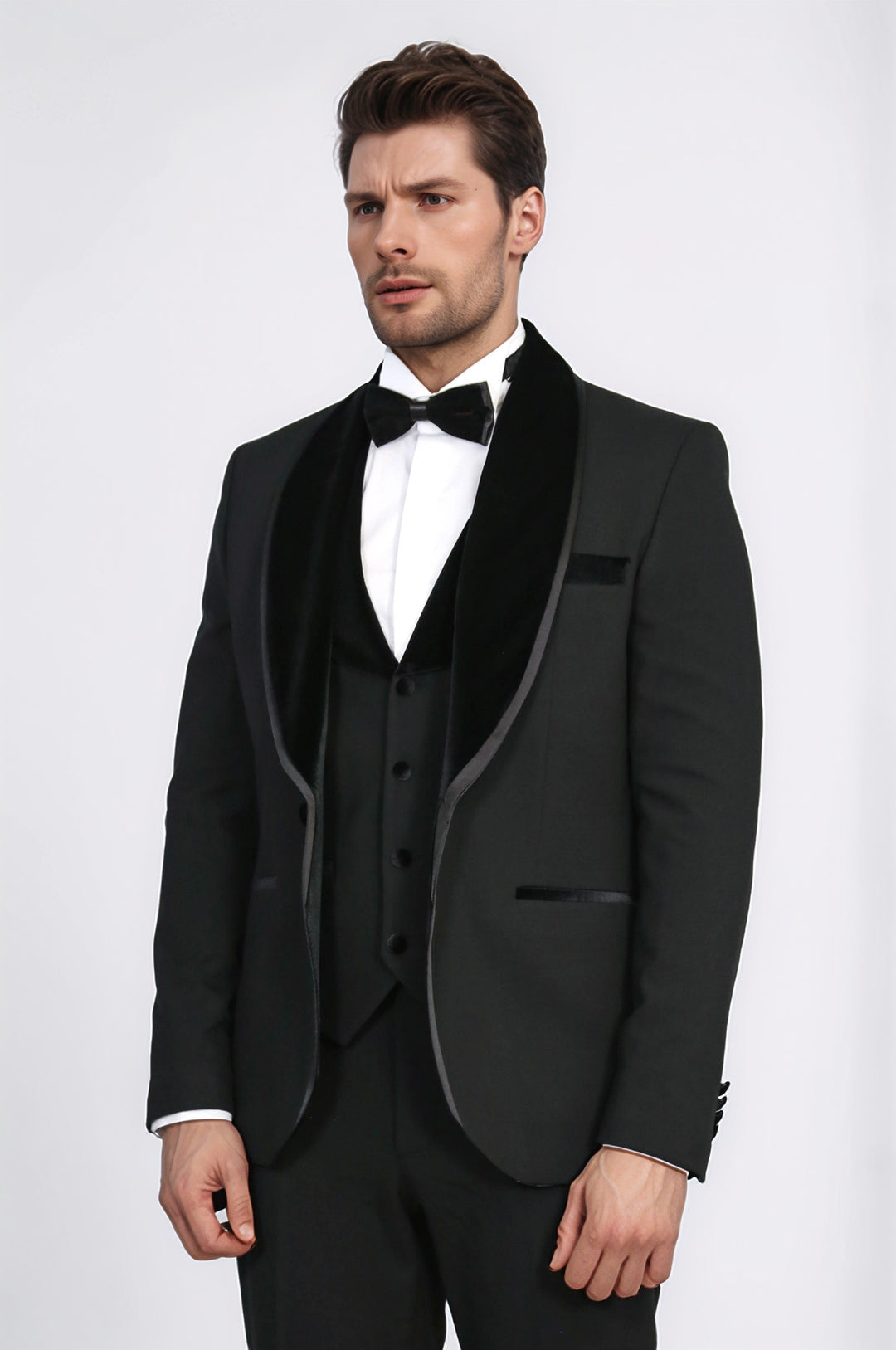 Velvet Black Slim Fit  3 Piece Shawl Lapel Tuxedo - Suits99