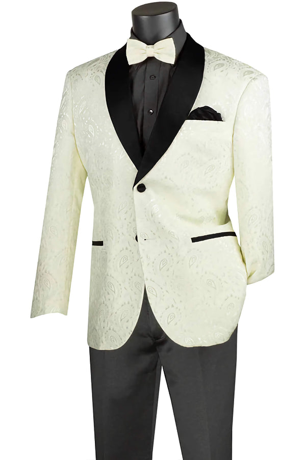 Ivory Modern Fit Paisley Pattern Jacquard Fabric Jacket with Bow Tie