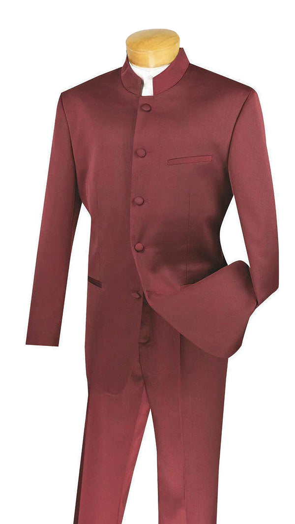 King Collection - Regular Fit Men's 2 Piece Banded Collar Tuxedo Burgundy - Suits99