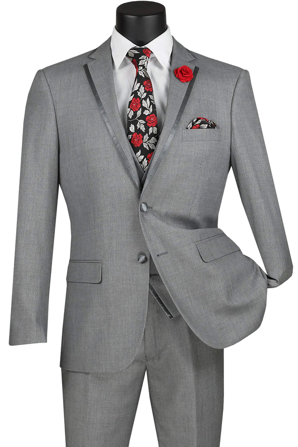 Leo Collection - Slim Fit Tuxedo 2 Button 3 Piece Suit Light Gray