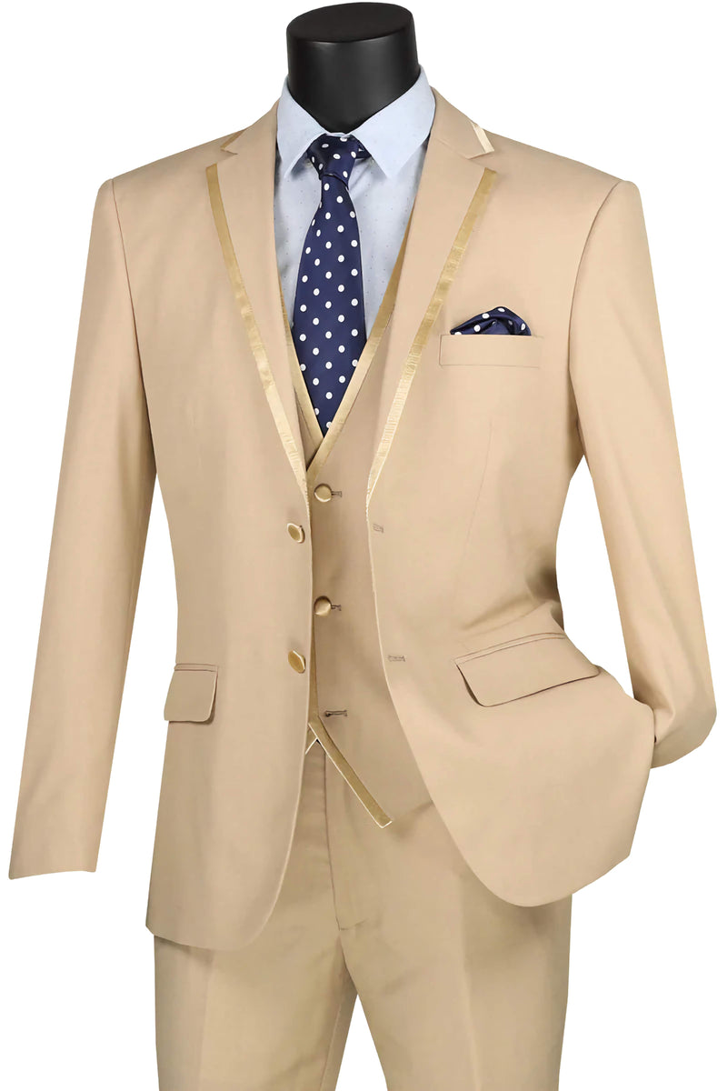 Leo Collection - Slim Fit Tuxedo 2 Buttons 3 Piece Beige Suit