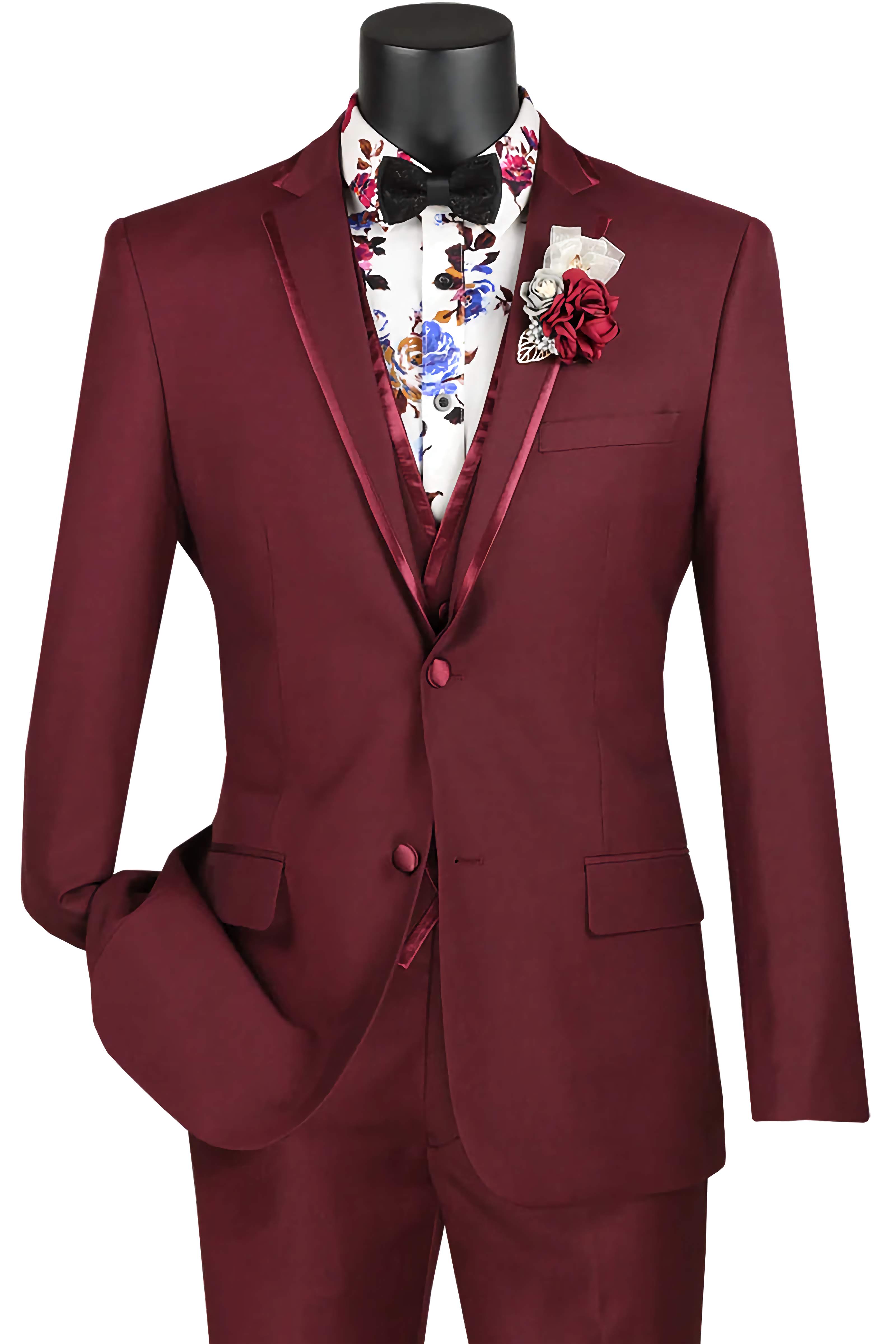 Leo Collection - Slim Fit Tuxedo 2 Buttons 3 Piece Burgundy Suit - Suits99