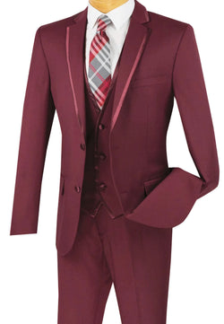 Leo Collection - Slim Fit Tuxedo 2 Buttons 3 Piece Burgundy Suit