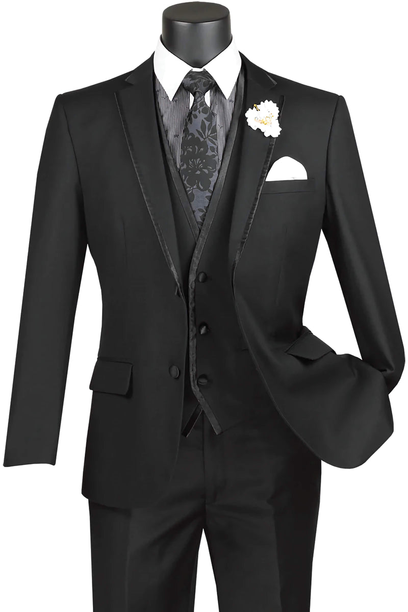 Leo Collection - Slim Fit Tuxedo 2 Buttons 3 Piece Suit Black