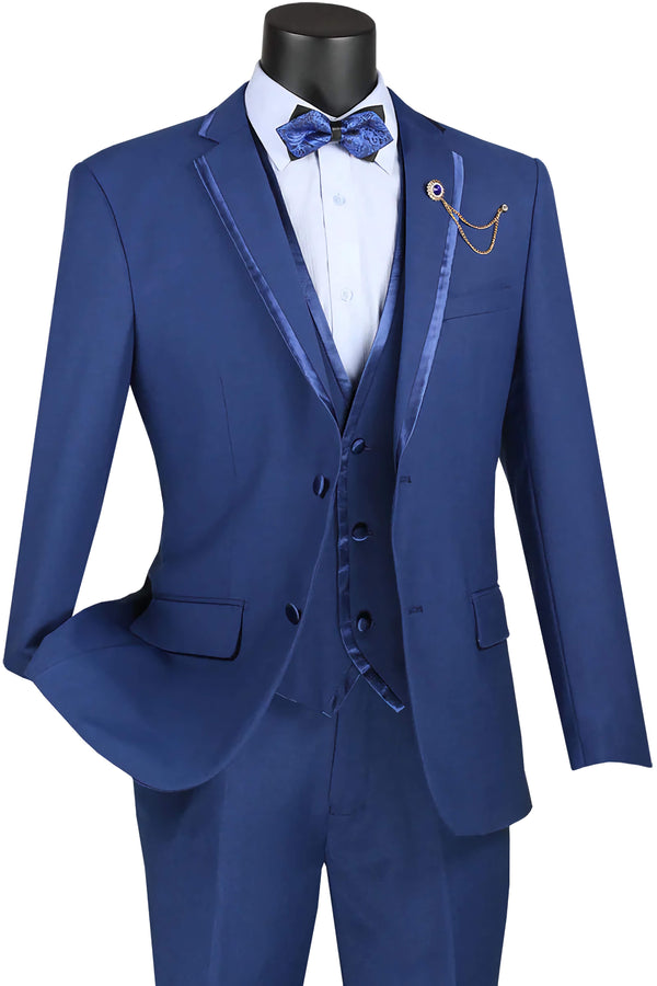 Leo Collection - Slim Fit Tuxedo 2 Buttons 3 Piece Suit Blue