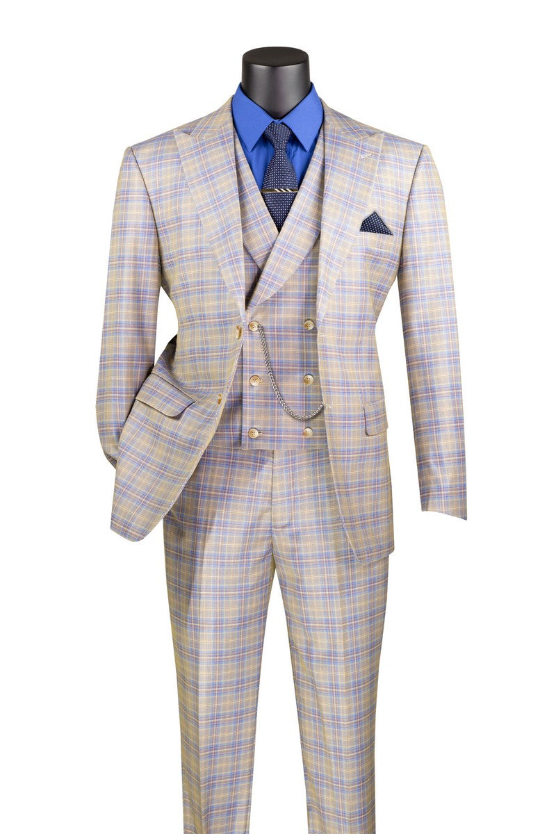 Modern Fit Windowpane Suit 3 Piece in  Blue - Suits99