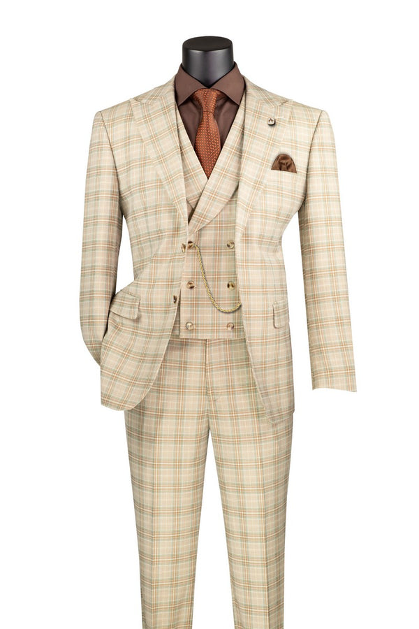 Modern Fit Windowpane Suit 3 Piece in  Khaki