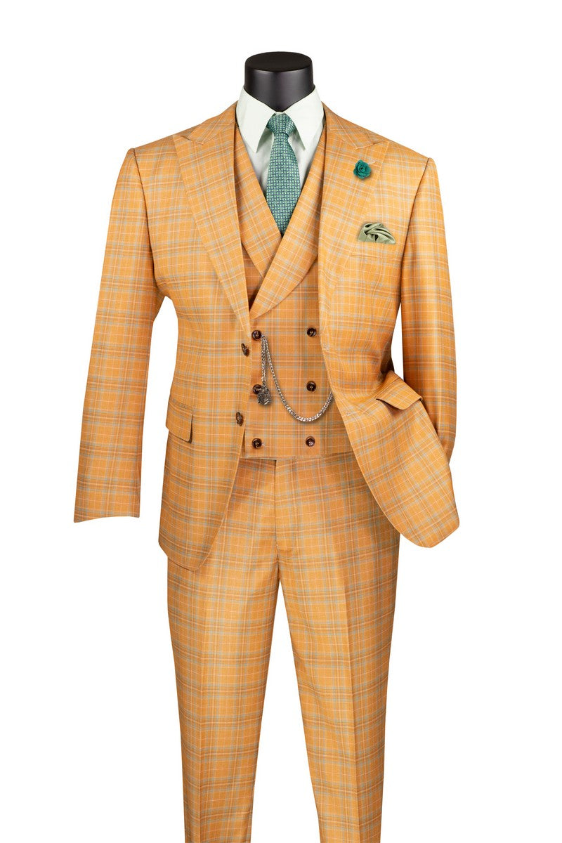 Modern Fit Windowpane Suit 3 Piece in  Orange - Suits99