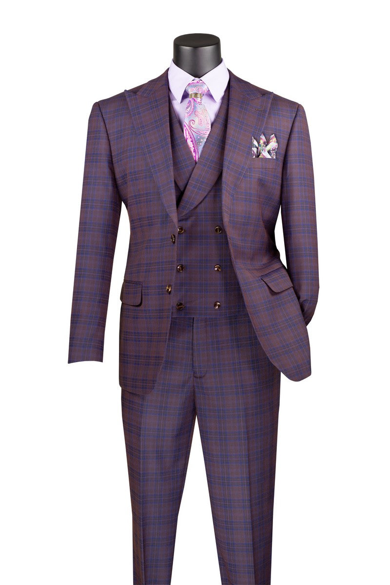 Modern Fit Windowpane Suit 3 Piece in  Purple - Suits99