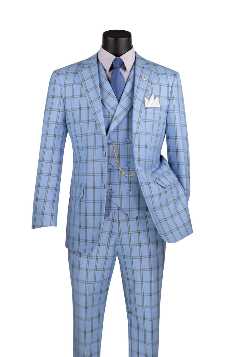 Tessori Collection Modern Fit Windowpane Suit 3 Piece in Light Blue - Suits99