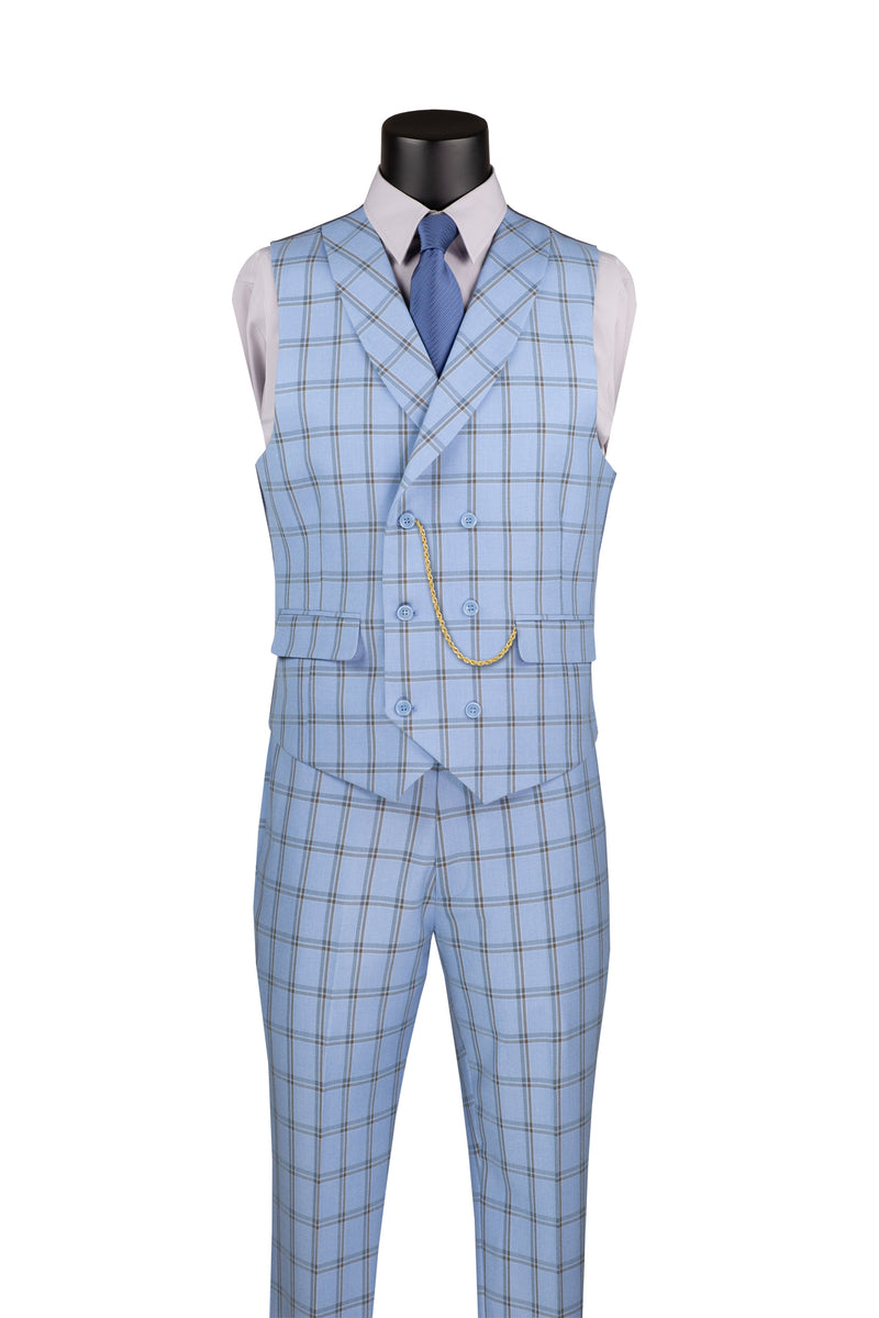 Tessori Collection Modern Fit Windowpane Suit 3 Piece in Light Blue - Suits99
