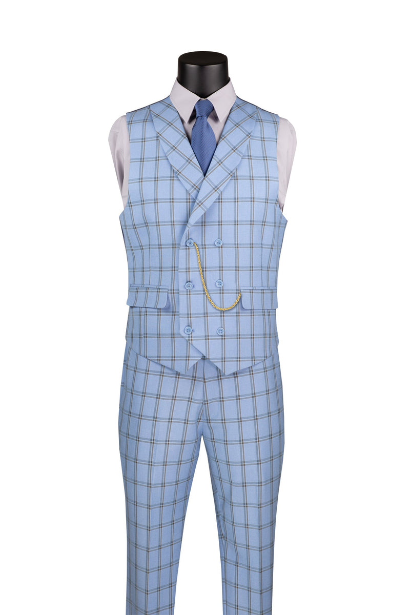 Diamond Collection Modern Fit Windowpane Suit 3 Piece in Light Blue