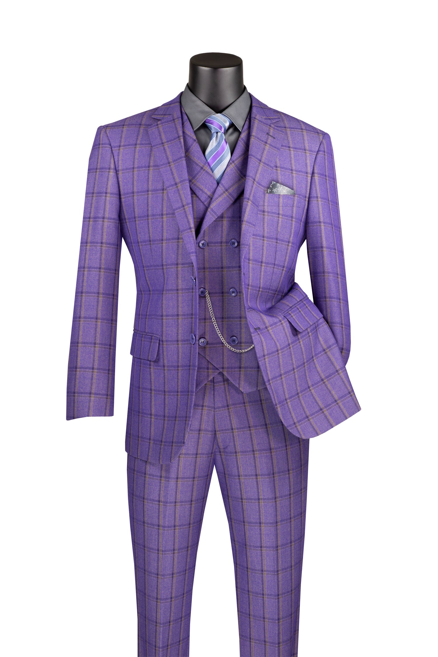 Diamond Collection Modern Fit Windowpane Suit 3 Piece in Purple - Suits99
