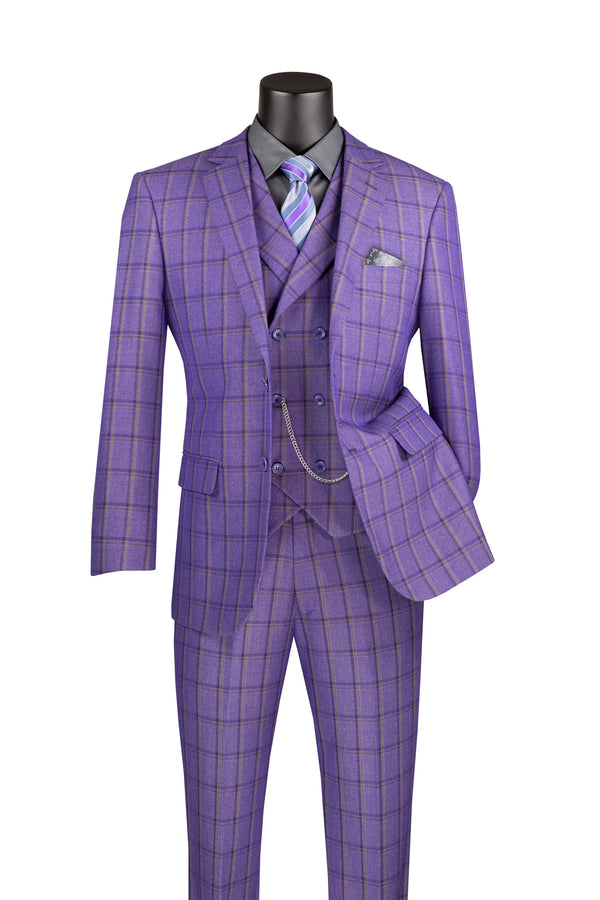 Diamond Collection Modern Fit Windowpane Suit 3 Piece in Purple