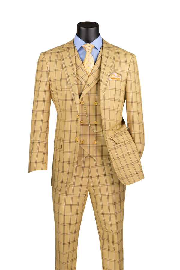 Diamond Collection Modern Fit Windowpane Suit 3 Piece in Tan
