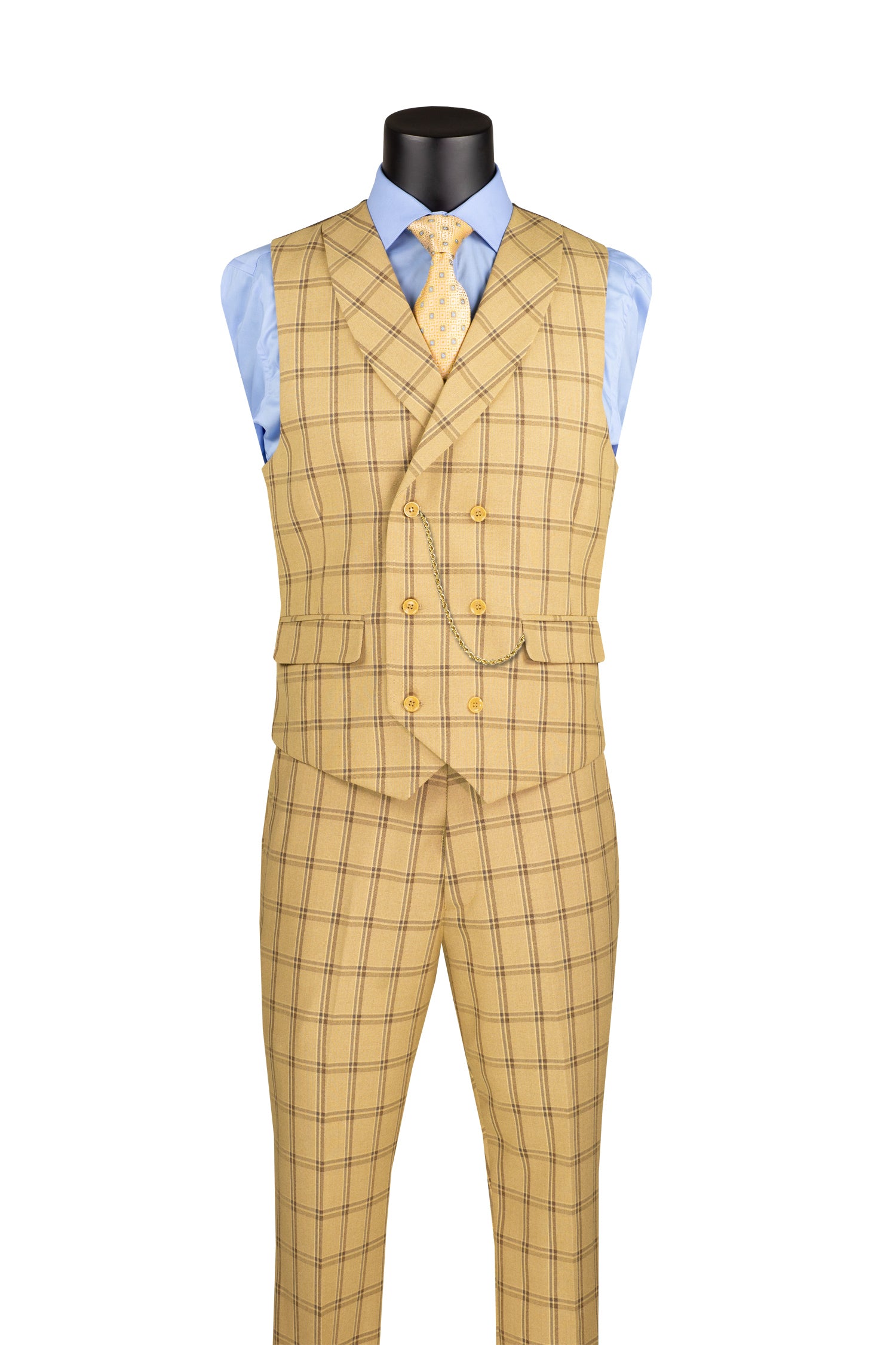 Diamond Collection Modern Fit Windowpane Suit 3 Piece in Tan - Suits99