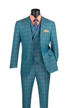 Diamond Collection Modern Fit Windowpane Suit 3 Piece in Teal Blue