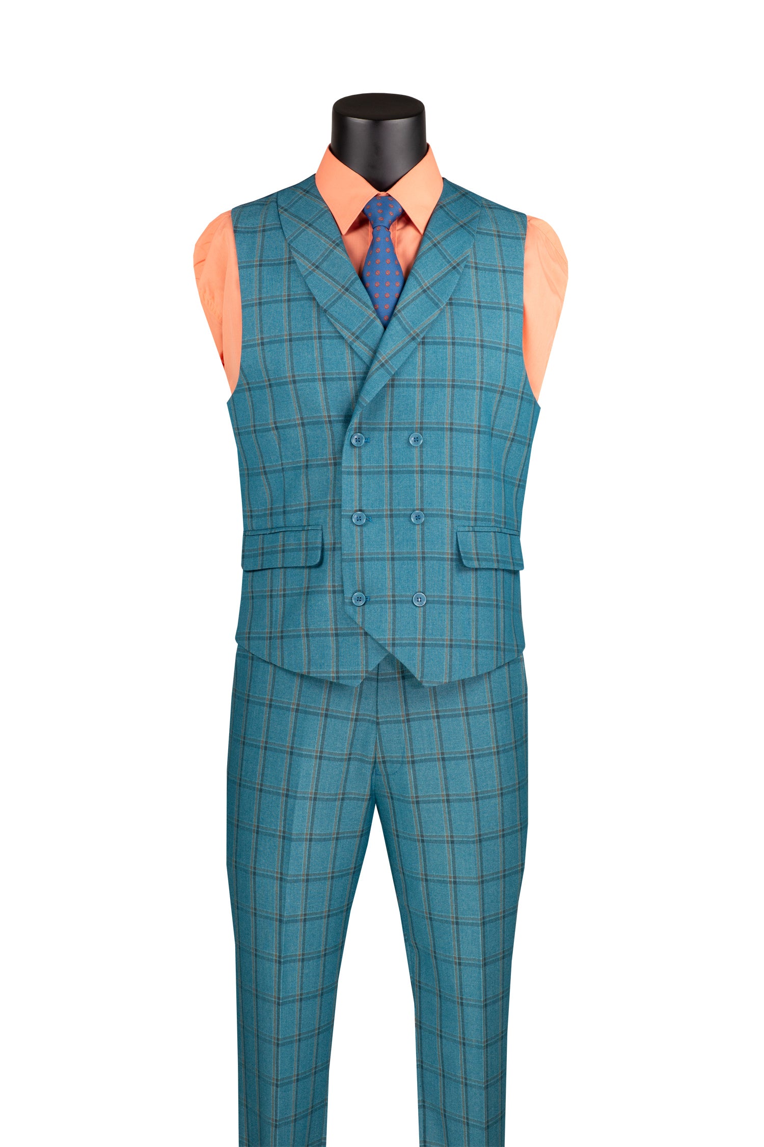 Diamond Collection Modern Fit Windowpane Suit 3 Piece in Teal Blue - Suits99