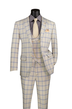 Venetian Collection Modern Fit Windowpane Suit 3 Piece in Light Beige