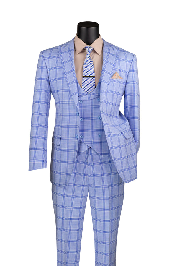 Venetian Collection Modern Fit Windowpane Suit 3 Piece in Light Blue