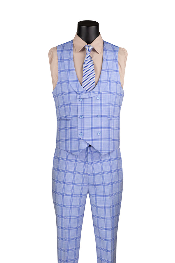 Venetian Collection Modern Fit Windowpane Suit 3 Piece in Light Blue