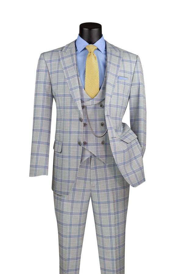 Venetian Collection Modern Fit Windowpane Suit 3 Piece in Light Gray