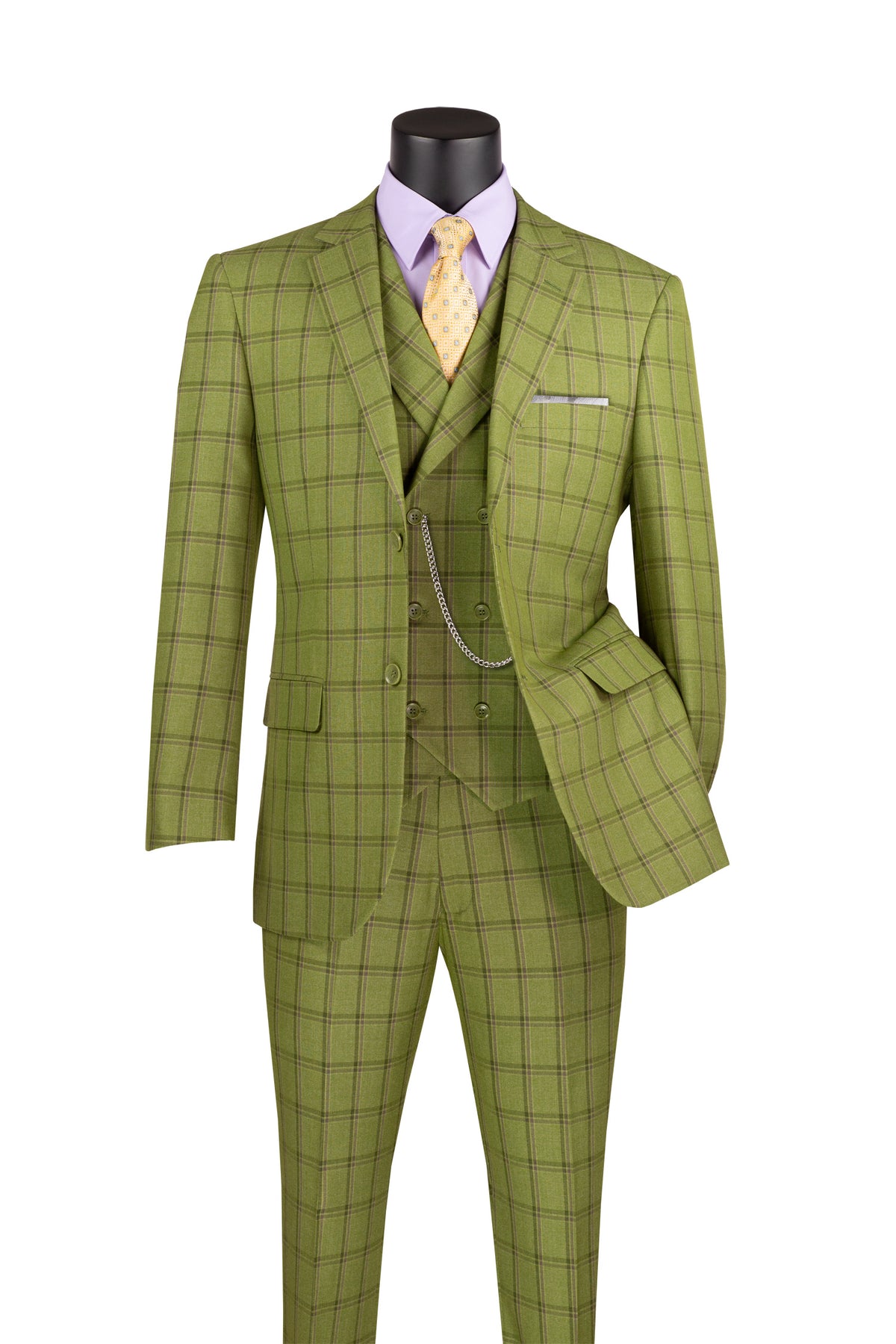 Diamond Collection Modern Fit Windowpane Suit 3 Piece in Moss - Suits99