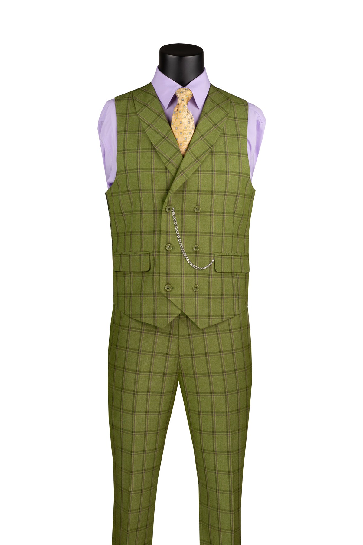 Diamond Collection Modern Fit Windowpane Suit 3 Piece in Moss - Suits99