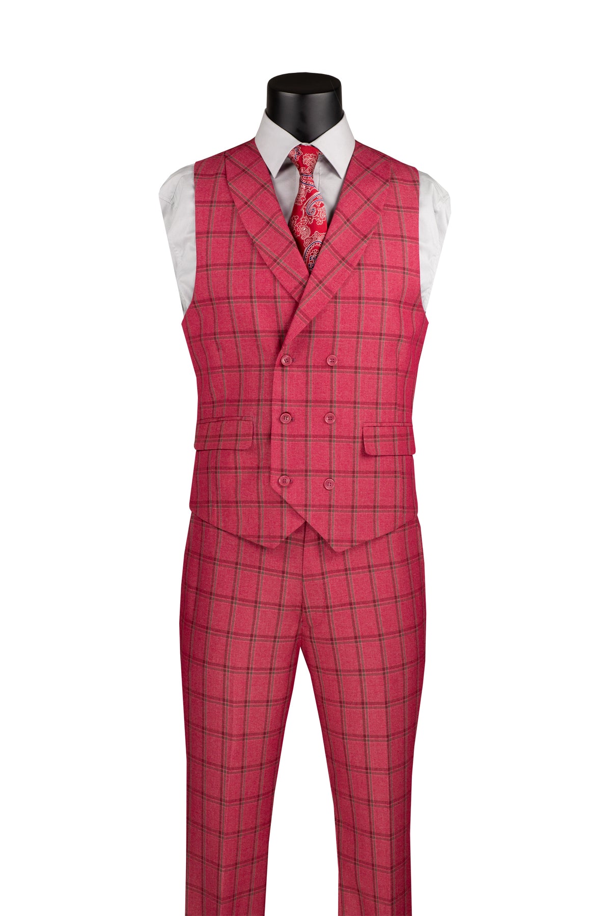 Diamond Collection Modern Fit Windowpane Suit 3 Piece in Raspberry - Suits99